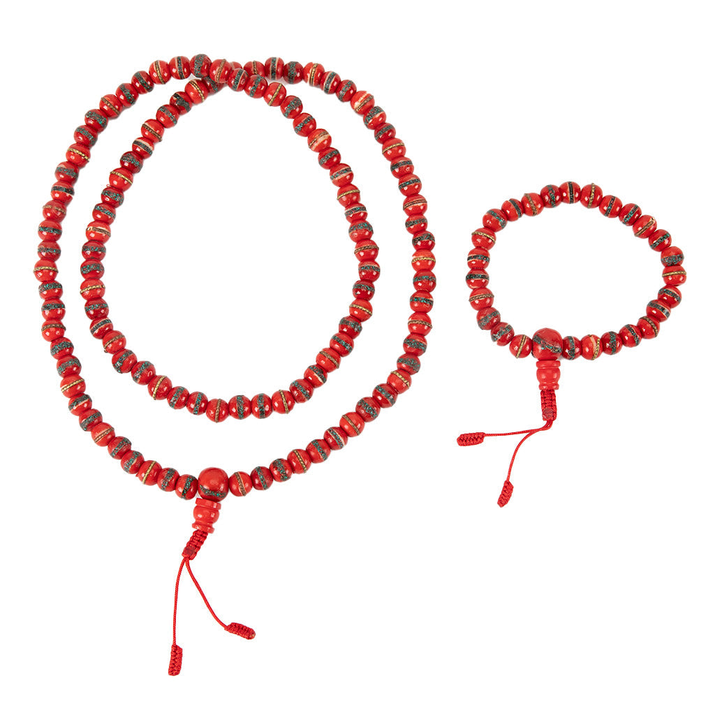 Conjunto de Mala de Hueso de Yak Tibetano Rojo